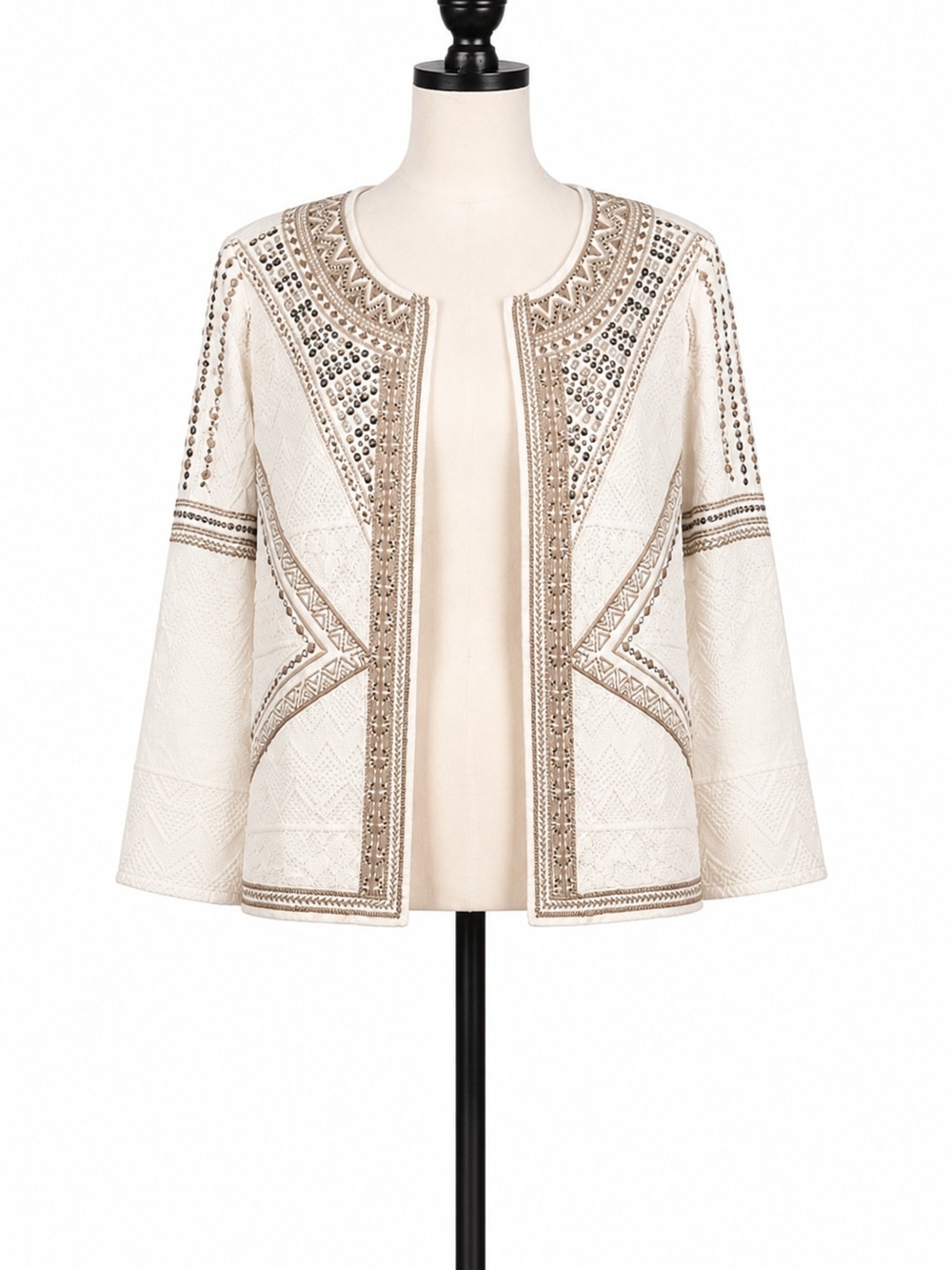 Chico's Ivory Embellished Open-Front Jacket